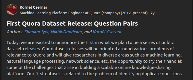 Quora Question Pairs page screenshot, with author names